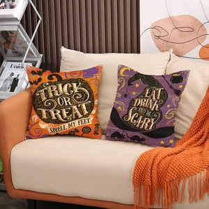Fundas de cojín de Halloween con textos Trick or Treat y Eat Drink and Be Scary para decorar