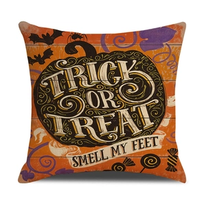 Funda de cojín de lino naranja para Halloween con texto Trick or Treat y estampado calabaza