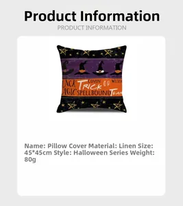 Detail view of 45x45cm Halloween linen pillowcase with Trick or Treat wizard hat print