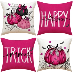 Halloween Pillow Covers Linen Halloween Pumpkin Skull Bat Spider Web Decorative Cushion Covers For Sofa Home Decor Pink Gothic Style