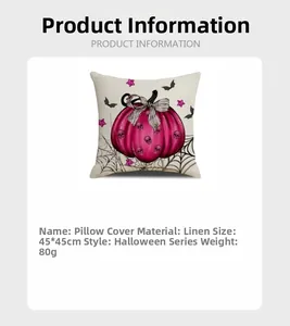 Detail showing 45x45cm linen Halloween pillowcase with pink pumpkin and skull patterns