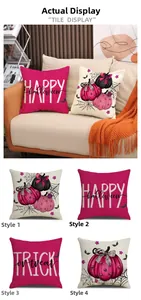 Close-up of Halloween linen pillowcases with Happy Halloween and pumpkin print