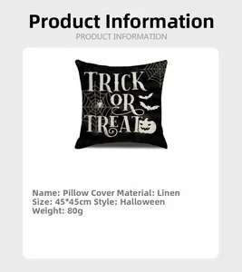 Linen Halloween pillowcase detail showing 45x45cm size and Trick or Treat design