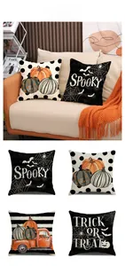 Detail of Halloween throw pillow covers with pumpkin patterns and spooky lettering designs
