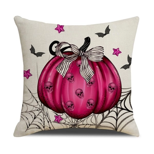 Gothic Halloween pumpkin pillow cover with skeleton print and striped bow on white background