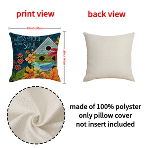 Housse de coussin en lin 45x45 cm avec motif oiseaux fleurs et texte spirituel