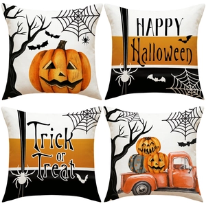 Halloween Throw Pillow Covers Linen Polyester Blend Decorative Square Cushion Covers For Sofa Pumpkin Bat Ghost Prints
