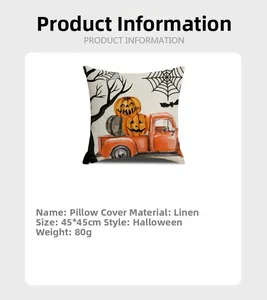 Linen Halloween pillowcase detail showing pumpkin truck pattern, 45x45cm size and 80g weight