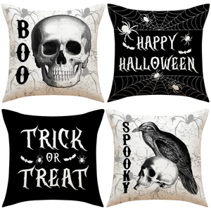 Halloween Skull Throw Pillow Covers Linen Square Gothic Decorative Cushion Cases With Raven Spider Web Pattern For Sofa Home Party Decor
