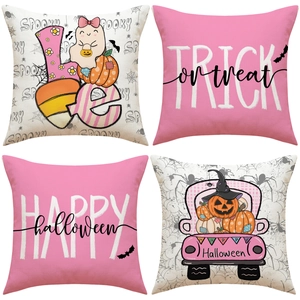 Set di 4 federe per cuscini di Halloween con zucche rosa, fantasmi e stampe dolcetto o scherzetto