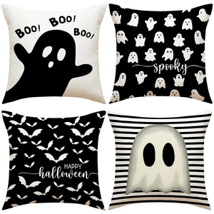 Taie d'Oreiller Halloween Noir Blanc Set Fantôme Chauve-Souris Imprimé Housse de Coussin Décorative Canapé Salon Maison