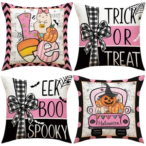Fundas de Cojín de Halloween Calabaza Rosa Fantasma Aspecto Lino Poliéster Funda para Sofá Trick Or Treat Estilo
