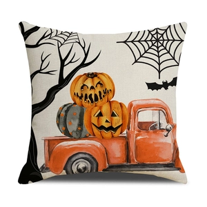 Halloween decorative pillowcase with vintage truck, pumpkins, and spooky elements