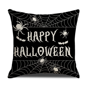 Black Halloween throw pillow case with Happy Halloween text, spider and bat graphics