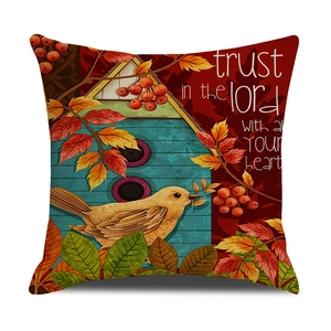 Housse de coussin en lin automne avec oiseau, nichoir et feuilles d'érable rouges