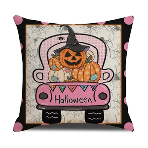Funda de cojín Halloween con camión de calabazas rosa y texto Happy Halloween