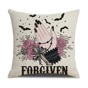Fodera per cuscino gotica con teschio e rose e scritta Forgiven in lino per Halloween