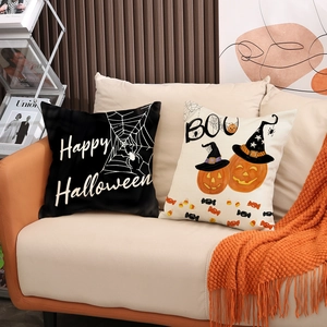 Fundas de cojín Halloween con estampados de calabaza Happy Halloween y telaraña
