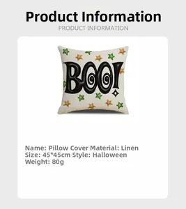 Halloween 45x45cm linen pillowcase with BOO text and gold stars detail specification