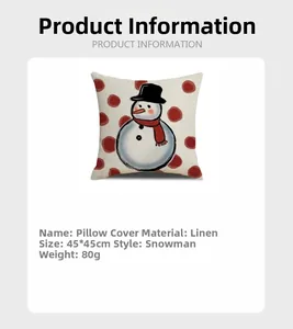 Detail view of snowman pillow cover with 45x45cm size and linen fabric specifications