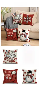 Set of 4 Christmas pillow covers featuring snowman and winter motifs in red and white