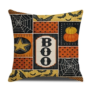 Funda de cojín de Halloween en lino con calabaza, murciélagos y letras decorativas BOO