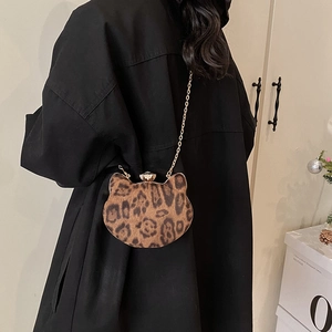 Mini leopard print cat-shaped plush crossbody bag with crystal buckle and metal chain