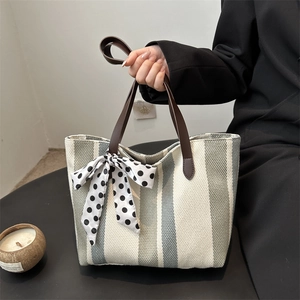 Women Fashion Striped Canvas Tote Bag High Capacity Casual Shoulder Bag with Polka Dot Scarf Decor Woven Handbag