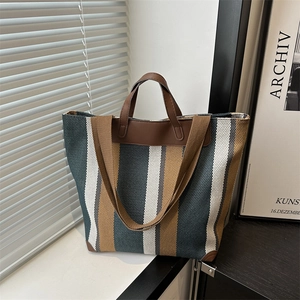 Women Stripe Canvas Tote Bag Large Capacity Vertical Pattern Handbag With PU Leather Handle Crossbody Shoulder Bag