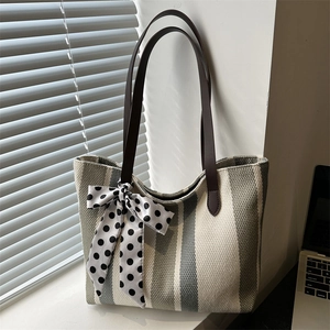 Women Striped Nylon Tote Bag Large Capacity Commuting Shoulder Bag With Polka Dot Scarf Fashion Office Handbag