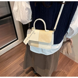 Close-up of color-block square crossbody bag with top handle and fashion logo tag