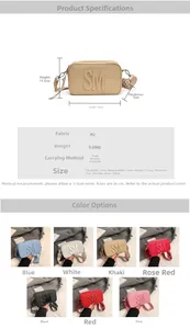 Detailed size specifications and material chart for the SM embossed PU camera bag
