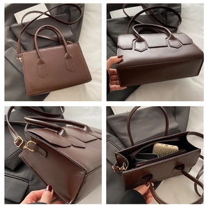 Detailed views of brown faux leather crossbody bag showing inner compartments and gold hardware