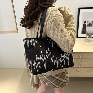 Sac fourre-tout noir à broderies colorées, grande capacité, idéal pour le style quotidien