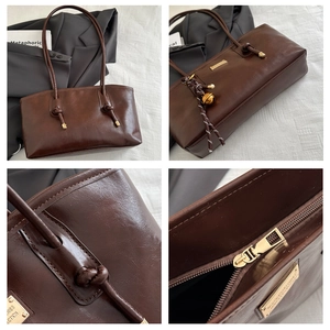 Detailed views of dark brown oil wax leather tote bag with gold metal logo and tassels