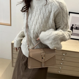 Fashionable khaki leather crossbody square bag with top handle for women in minimalist style