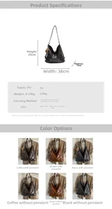 Detailed size specifications and material chart for the multi-way PU leather tote bag