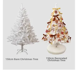 Comparison showing 150cm white Christmas tree in bare and fully decorated styles