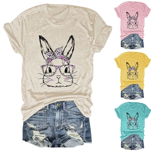 Detailed view of women's short sleeve T-shirts with cute bunny print in four pastel colors