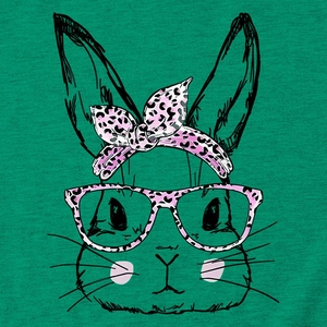 Detailed close-up of pink leopard print bunny graphic on the green cotton t-shirt