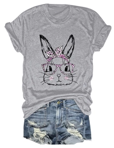 Close-up of casual grey t-shirt featuring a cartoon bunny with pink leopard print details