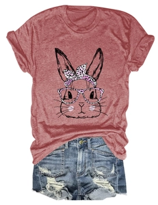 Detail of round neck t-shirt with cute bunny print and pink leopard glasses and bow