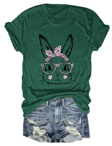 Detail of pink leopard rabbit print on round neck t-shirt with ripped denim shorts