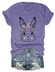 Close-up of pink leopard print bunny head print on casual cotton blend t-shirt