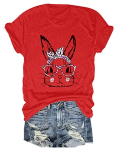 Close-up of red cotton T-shirt featuring a cute bunny with pink leopard bow and glasses