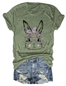 Short sleeve T-shirt featuring a cartoon bunny graphic with pink leopard print details