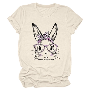 Detail of pink leopard print rabbit graphic on cream short sleeve cotton t-shirt
