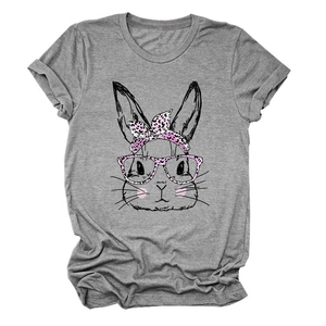 Close-up of pink leopard print bunny graphic on grey crew neck short sleeve T-shirt