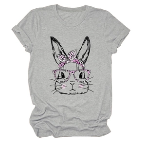 Detail of grey cotton blend t-shirt with cute pink leopard print glasses rabbit pattern