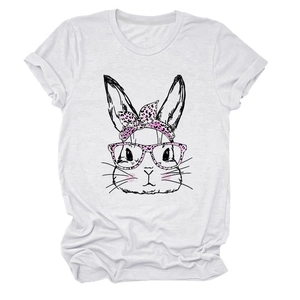 Detail of bunny print on white cotton T-shirt with pink leopard bow and glasses